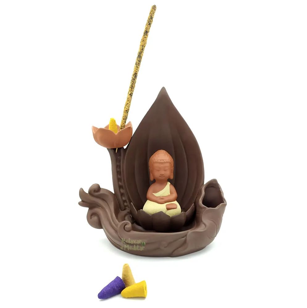 Cascata de Fumaça com Buda na Flor de Lótus e Vaso (20cm)