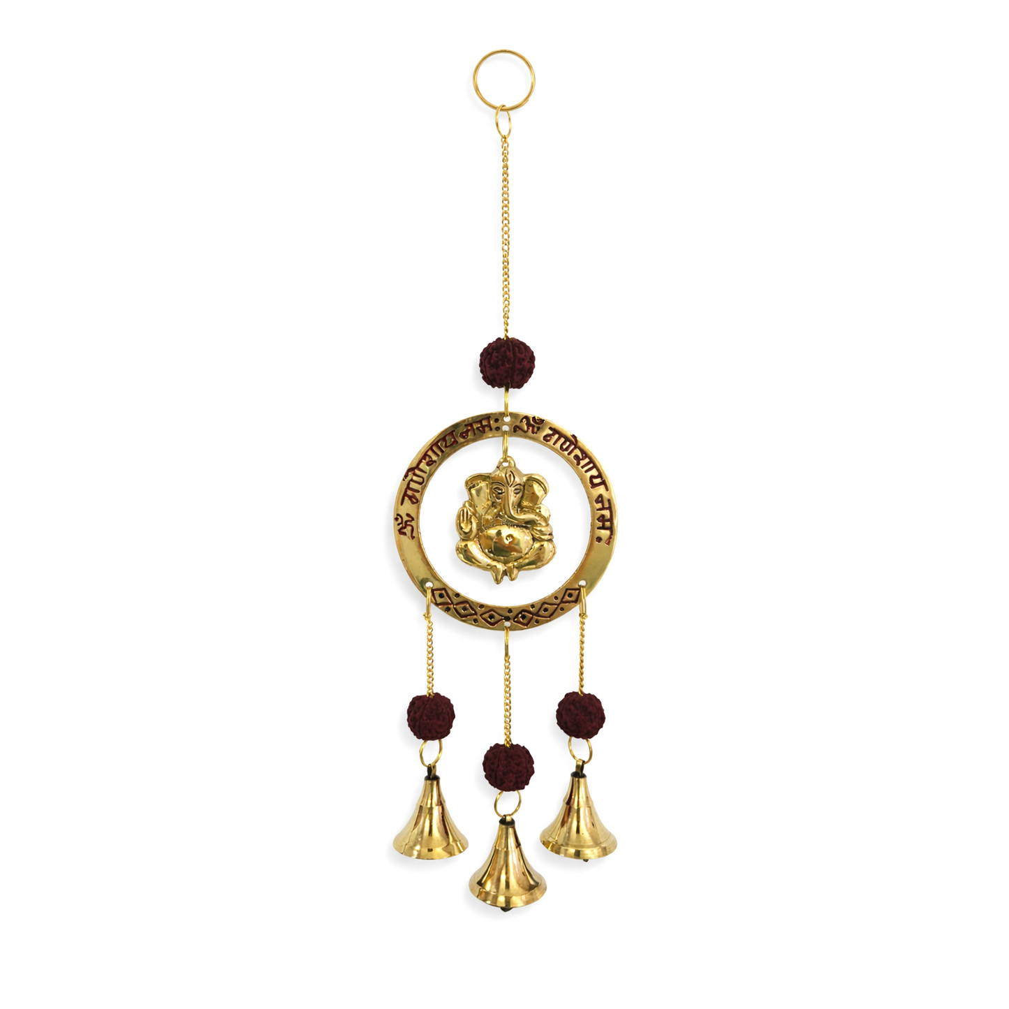 Móbile Indiano Ganesha com Rudraksha e Sinos de Metal (30cm)