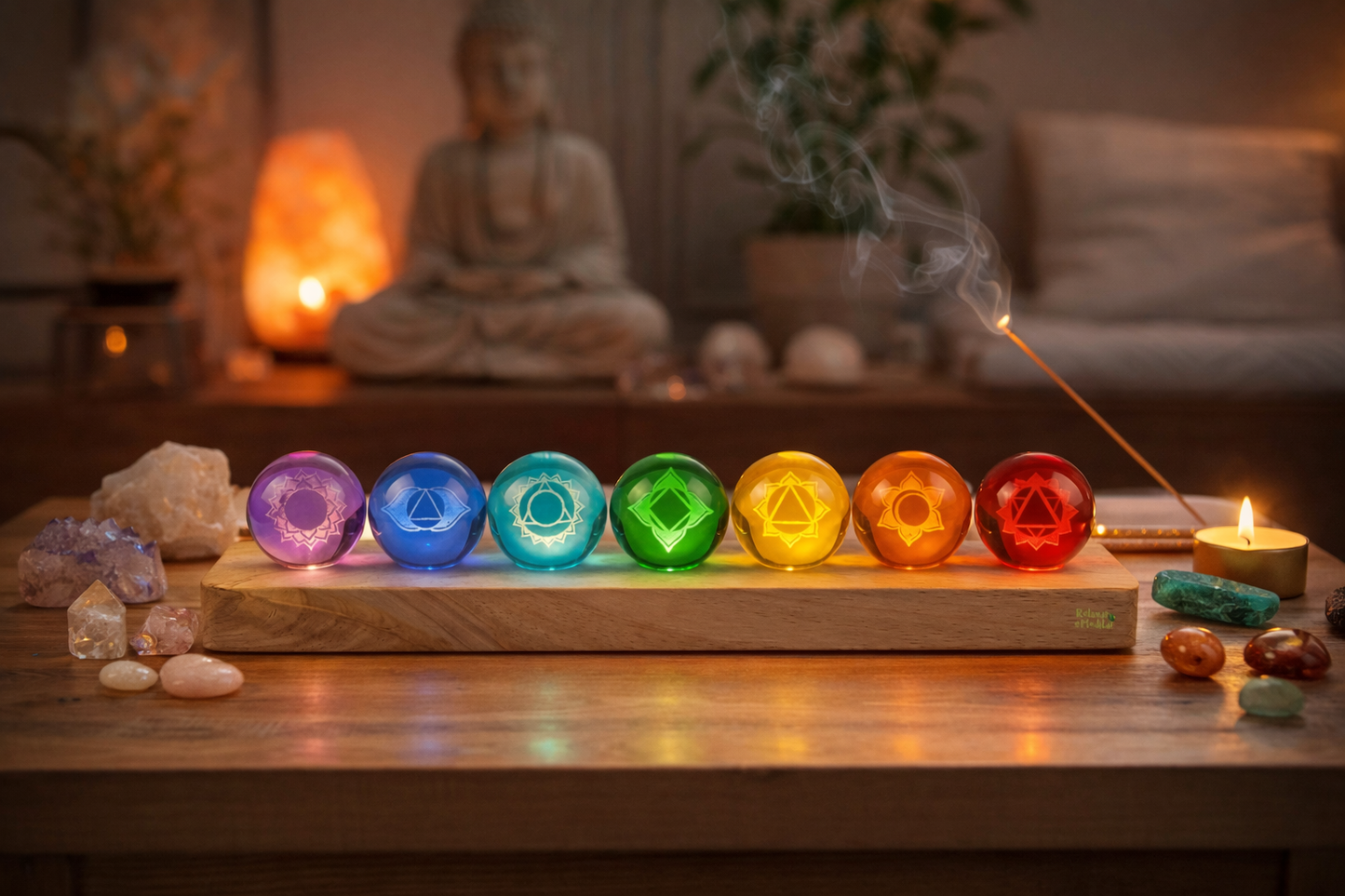 Luminária dos Sete Chakras com Base em Madeira (USB)