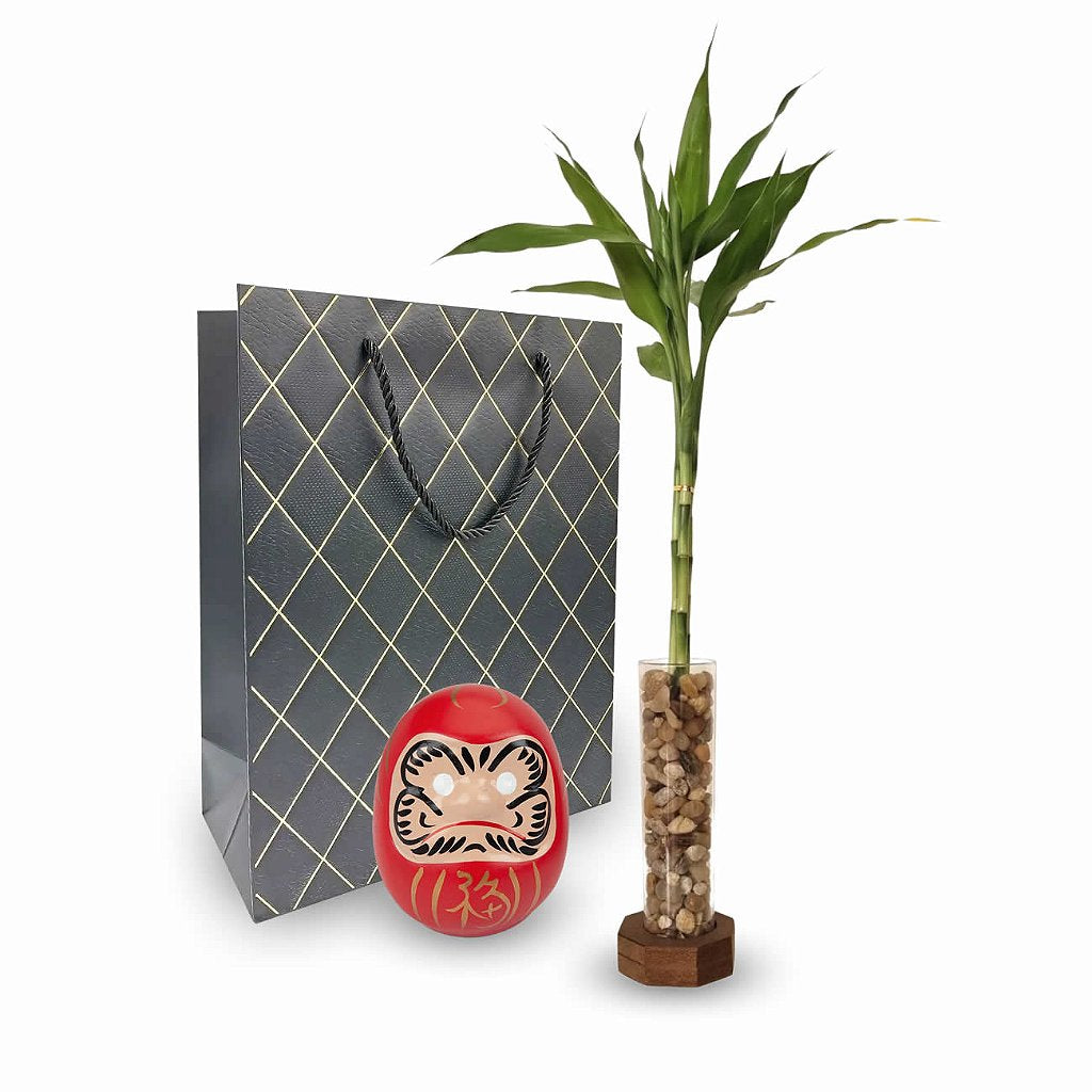Kit Presente Suporte Rústico com Bambu da Sorte + Boneco Daruma