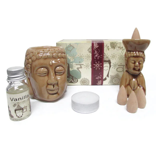 Kit Presente Rechaud de Cerâmica Buda com Essência e Incensário