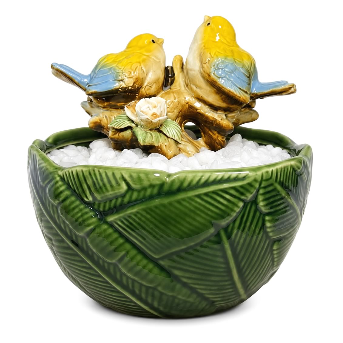 Fonte de Água em Cerâmica Folhas e Pássaros (18cm)