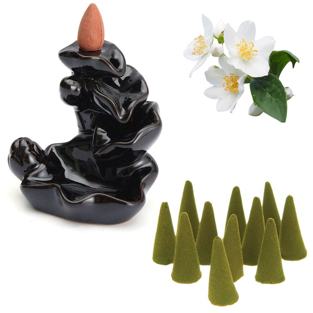 Cascata de Fumaça Flor de Lótus + 10 Incensos Cone (Jasmim)