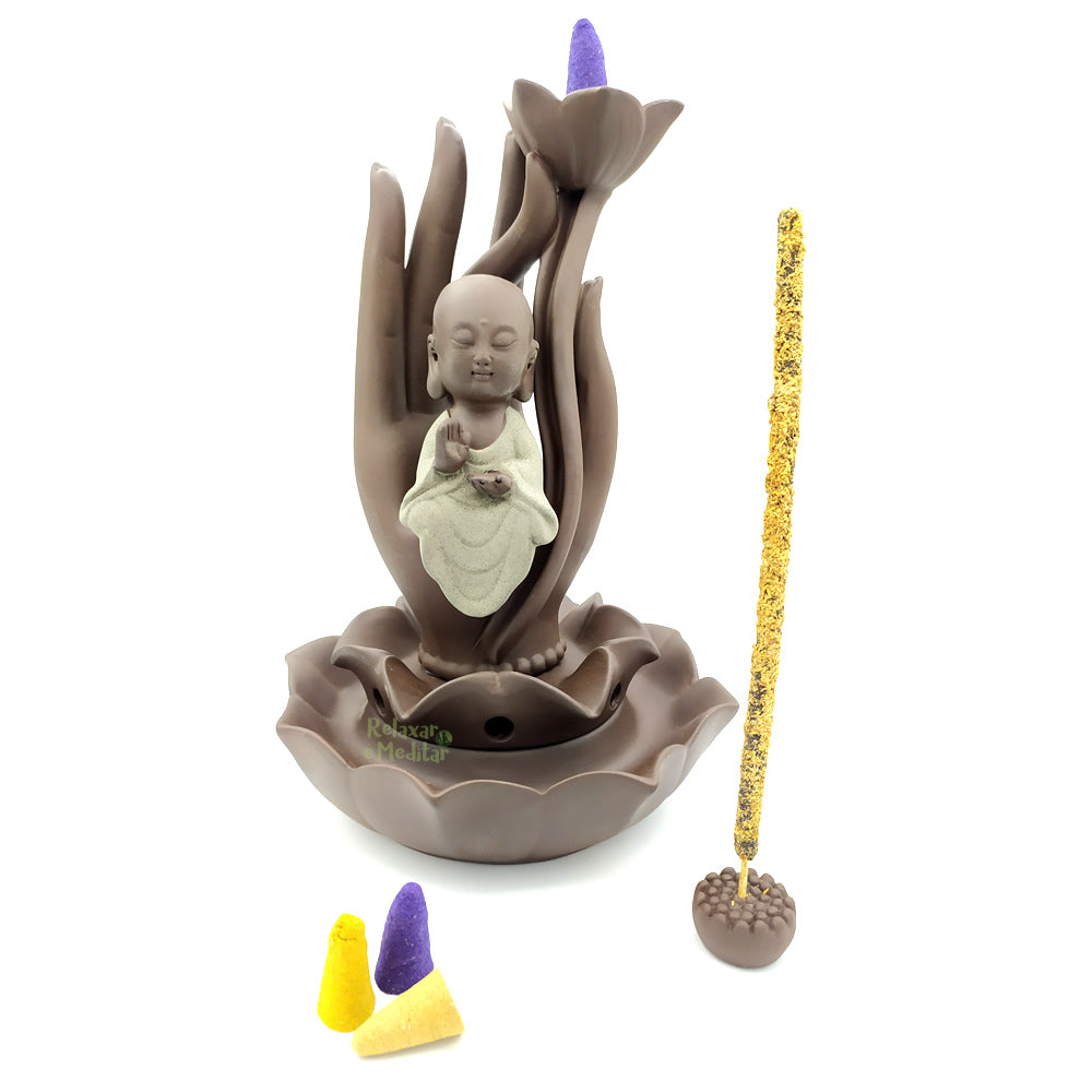 Cascata de Fumaça Mão de Buda com Flor de Lótus e Monge (23cm)