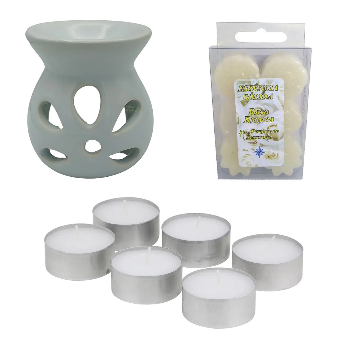 Kit com Aromatizador em Cerâmica + Vela Rechaud + Essência