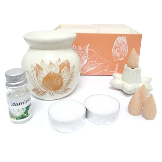 Kit Presente Rechaud de Cerâmica com Essência e Incensário Flor de Lótus