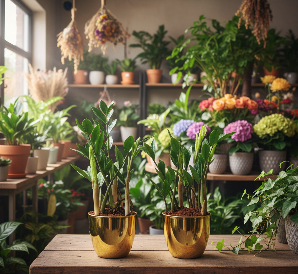 Par de Vasos Dourados com Planta Zamioculca (Planta da Fortuna)