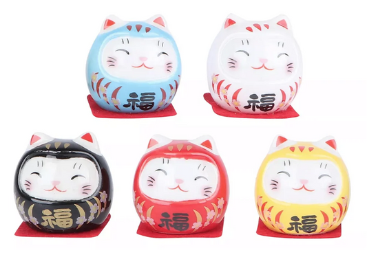 Kit com 5 Daruma Gatinho Colorido em Cerâmica (5cm)