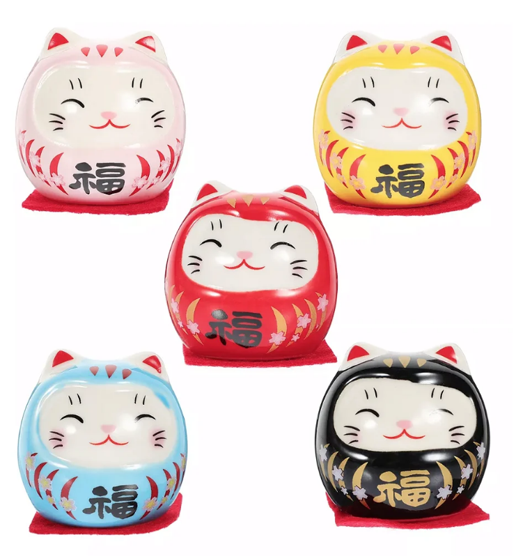 Kit com 5 Daruma Gatinho Colorido em Cerâmica (5cm)