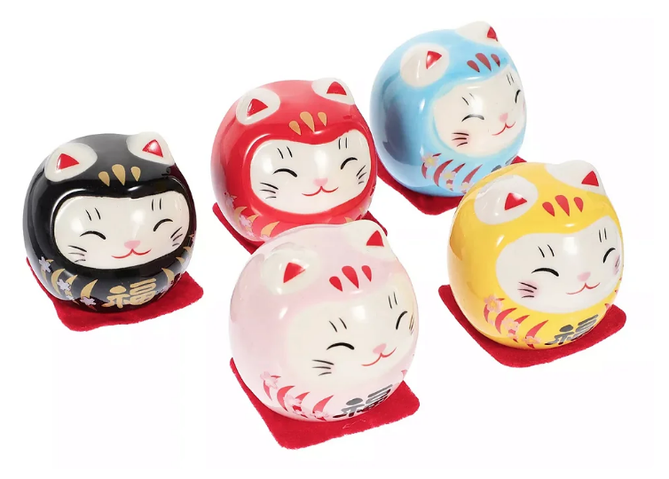 Kit com 5 Daruma Gatinho Colorido em Cerâmica (5cm)