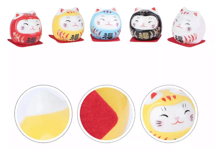 Kit com 5 Daruma Gatinho Colorido em Cerâmica (5cm)