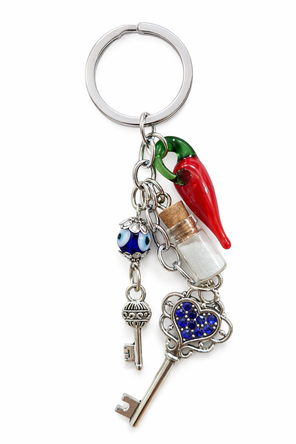 Chaveiro da Proteção com Pimenta, Sal e Chave com Strass