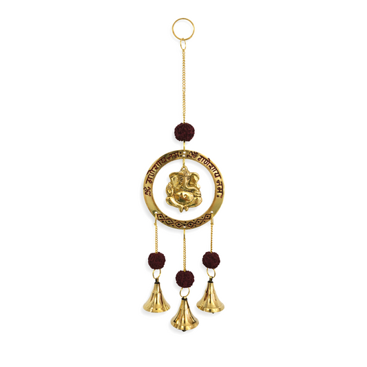 Móbile Indiano Ganesha com Rudraksha e Sinos de Metal (30cm)