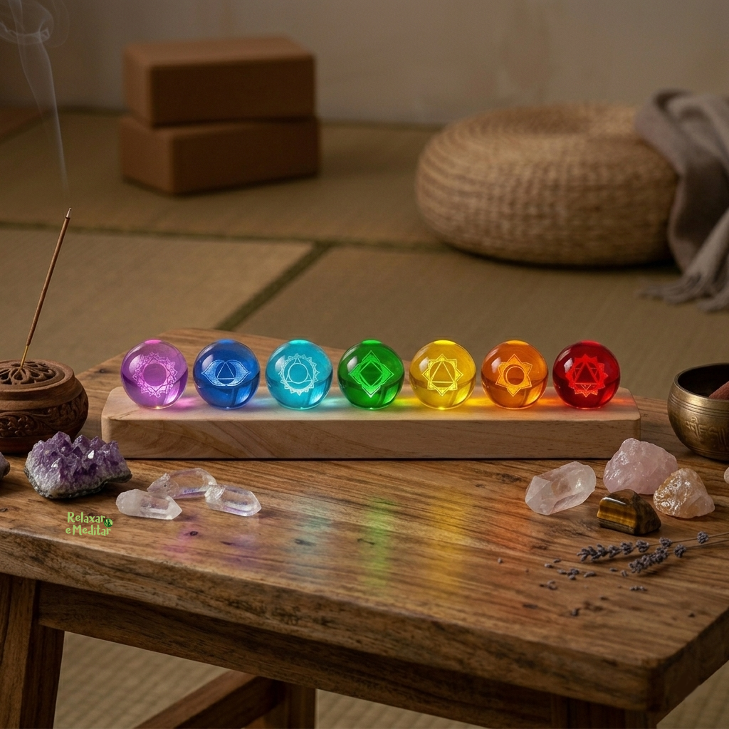Luminária dos Sete Chakras com Base em Madeira (USB)
