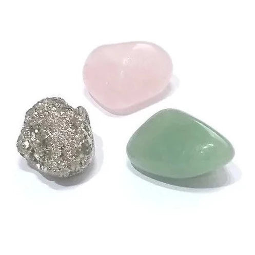 Kit de Pedras Pirita, Quartzo Verde e Quartzo Rosa (Fortuna, Saúde e Amor)