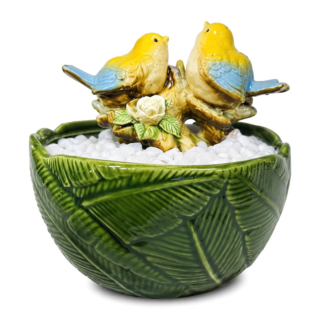 Fonte de Água em Cerâmica Folhas e Pássaros (18cm)
