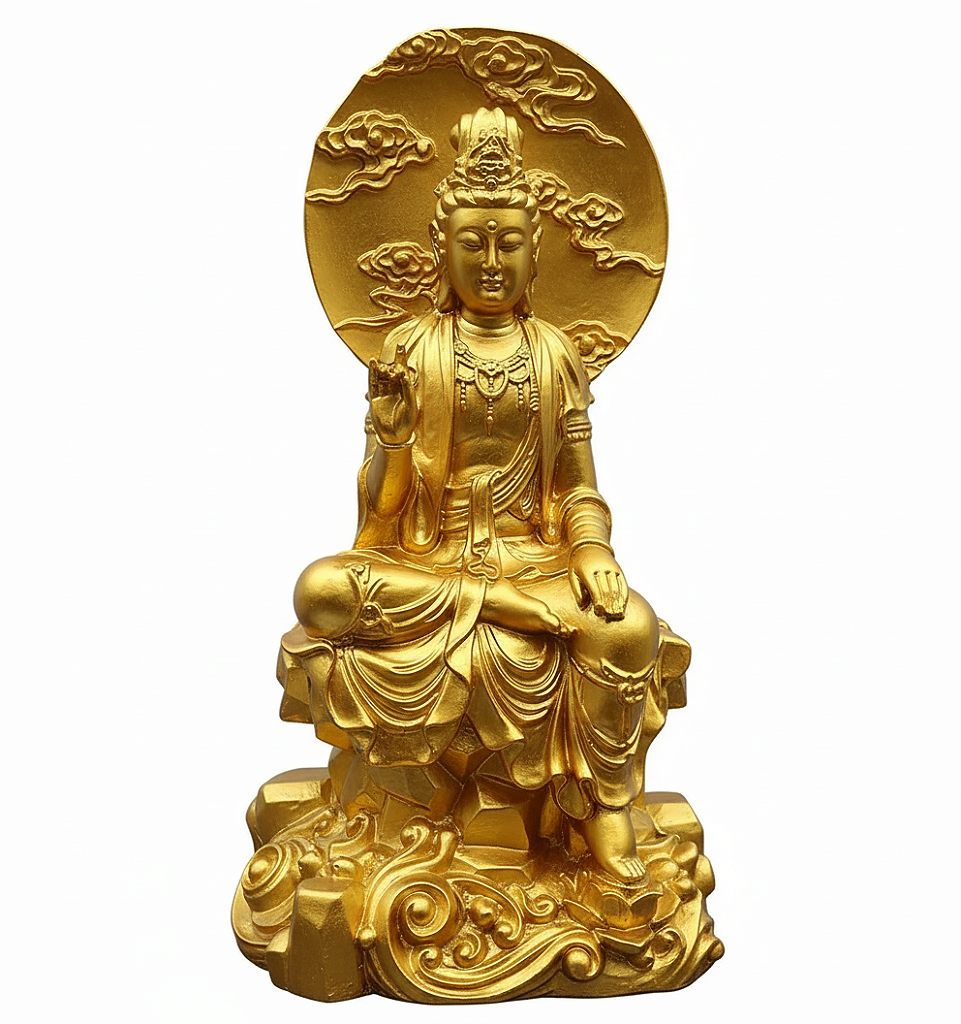 Estátua Deusa Kuan Yin Sobre o Mar e o Sol (Dourada)