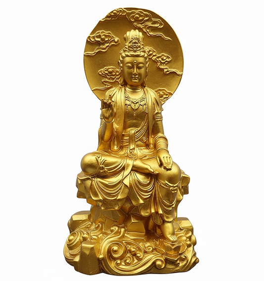 Estátua Deusa Kuan Yin Sobre o Mar e o Sol (Dourada)