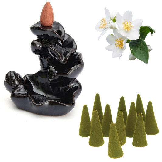 Cascata de Fumaça Flor de Lótus + 10 Incensos Cone (Jasmim)