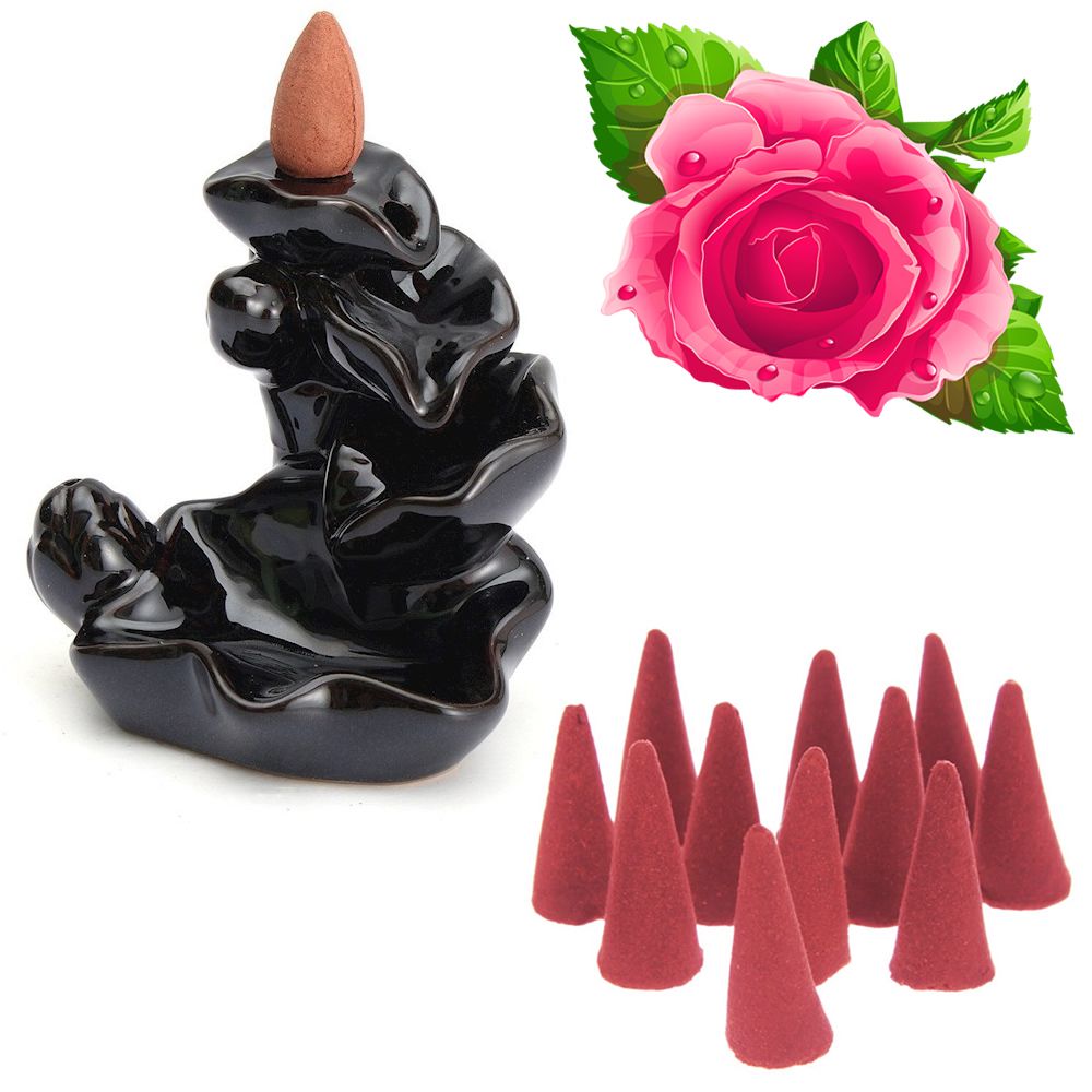 Cascata de Fumaça Flor de Lótus + 10 Incensos Cone (Rosas)