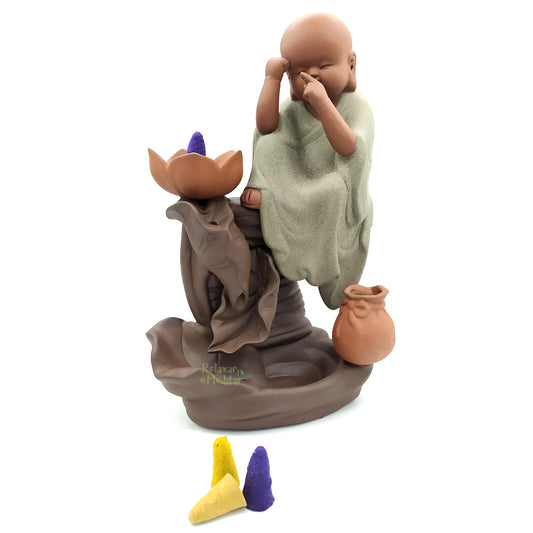 Porta Incensos Cascata de Fumaça com Monge e Flor de Lótus (23cm)