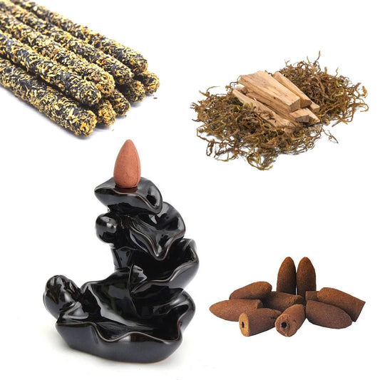 Porta Incensos Cascata de Fumaça Flor de Lótus + Kit Palo Santo